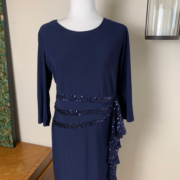 R&M Richards Size 16 Sequin Ruffle Maxi Dress Navy Blue Long Evening Stretch - Picture 3 of 9